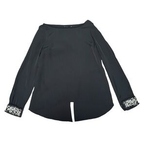 Guess Embellished Blouse Long Sleeve Top Black Womens Medium Pearls Gems Cutout